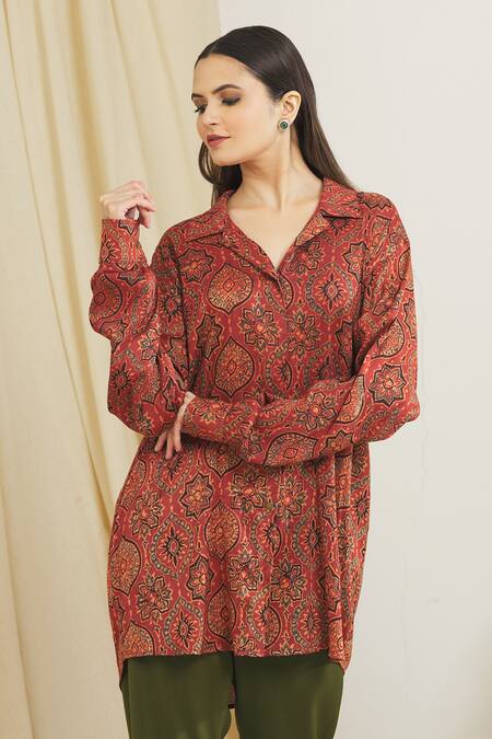 Surendri_Red Chanderi Floral Shirt Collar Print_Online_at_Aza_Fashions