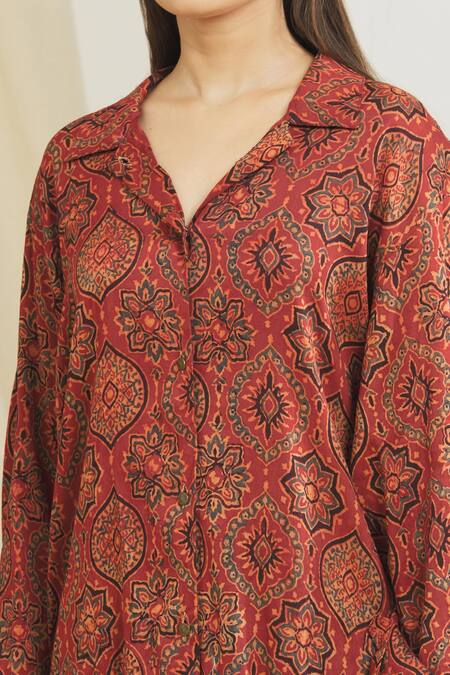 Buy_Surendri_Red Chanderi Floral Shirt Collar Print_Online_at_Aza_Fashions