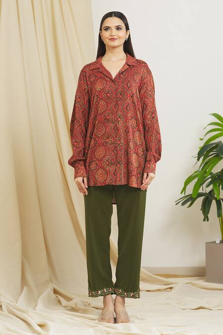 Shop_Surendri_Red Chanderi Floral Shirt Collar Print_Online_at_Aza_Fashions