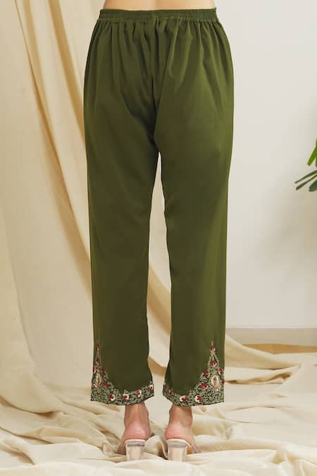 Buy_Surendri_Green Banana Crepe Knitted Floral Embroidered Pant_Online_at_Aza_Fashions
