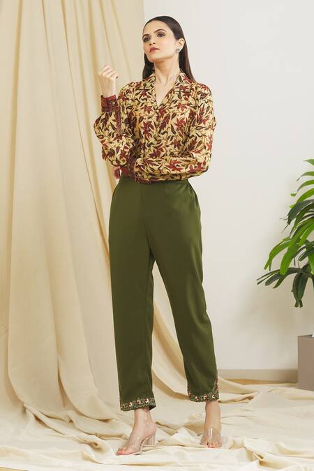 Shop_Surendri_Green Banana Crepe Knitted Floral Embroidered Pant_Online_at_Aza_Fashions