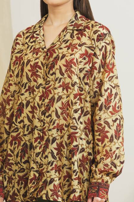 Surendri_Yellow Chanderi Floral Shirt Collar Flower Print_at_Aza_Fashions