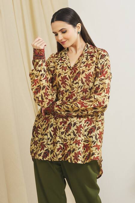 Surendri_Yellow Chanderi Floral Shirt Collar Flower Print_Online_at_Aza_Fashions