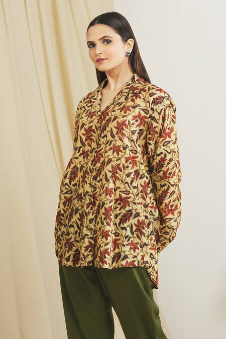 Buy_Surendri_Yellow Chanderi Floral Shirt Collar Flower Print_Online_at_Aza_Fashions