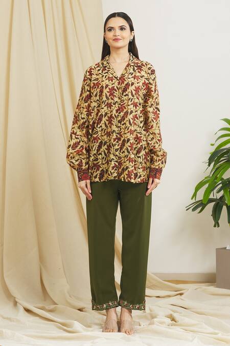 Shop_Surendri_Yellow Chanderi Floral Shirt Collar Flower Print_Online_at_Aza_Fashions