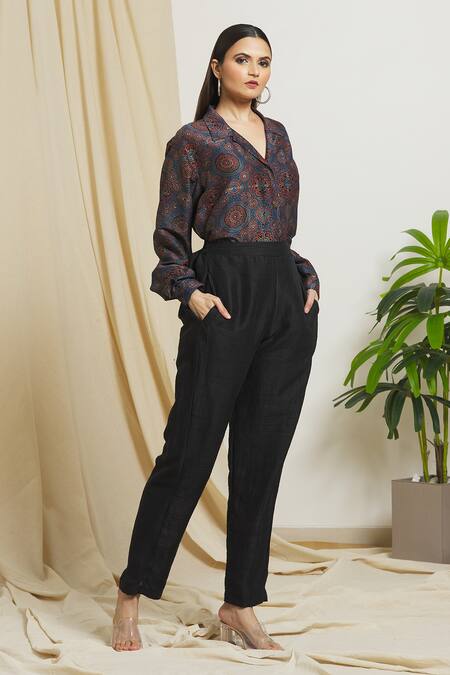 Surendri_Black Raw Silk Pant_Online_at_Aza_Fashions