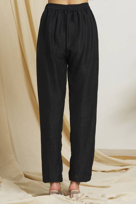 Shop_Surendri_Black Raw Silk Pant_Online_at_Aza_Fashions