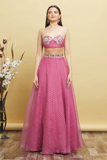 Pleats By Kaksha And Dimple_Pink Organza Floral Print, Sequin, Thread And Cutdana Kalidar Lehenga Set_Online_at_Aza_Fashions