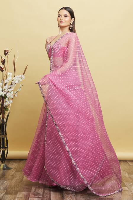 Buy_Pleats By Kaksha And Dimple_Pink Organza Floral Print, Sequin, Thread And Cutdana Kalidar Lehenga Set_Online_at_Aza_Fashions