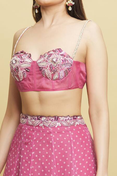 Shop_Pleats By Kaksha And Dimple_Pink Organza Floral Print, Sequin, Thread And Cutdana Kalidar Lehenga Set_Online_at_Aza_Fashions