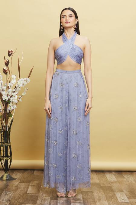 Pleats By Kaksha And Dimple_Purple Pure Georgette Floral Print, Sequin, Neck Crop Top And Flared Pant Set_Online_at_Aza_Fashions