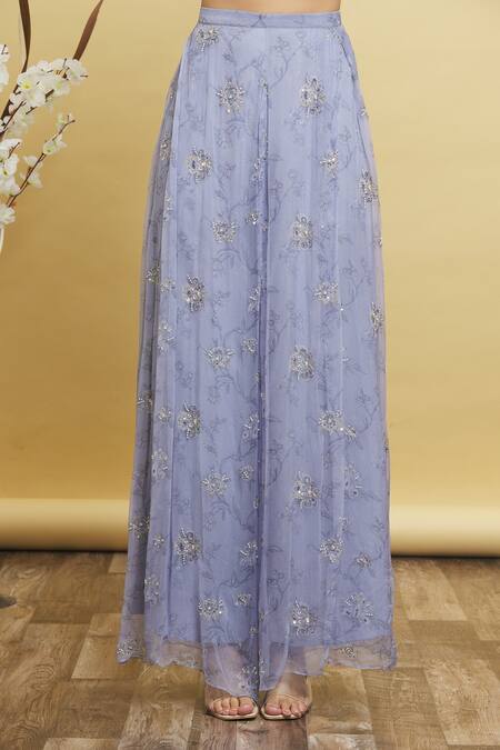 Pleats By Kaksha And Dimple_Purple Pure Georgette Floral Print, Sequin, Neck Crop Top And Flared Pant Set_at_Aza_Fashions