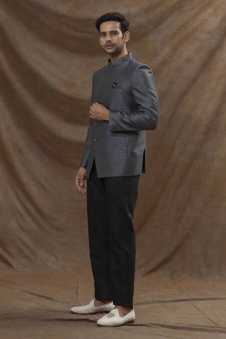 Buy_Arihant Rai Sinha_Grey Jacquard, Terrycloth Sequins Work Bandhgala Set_Online_at_Aza_Fashions