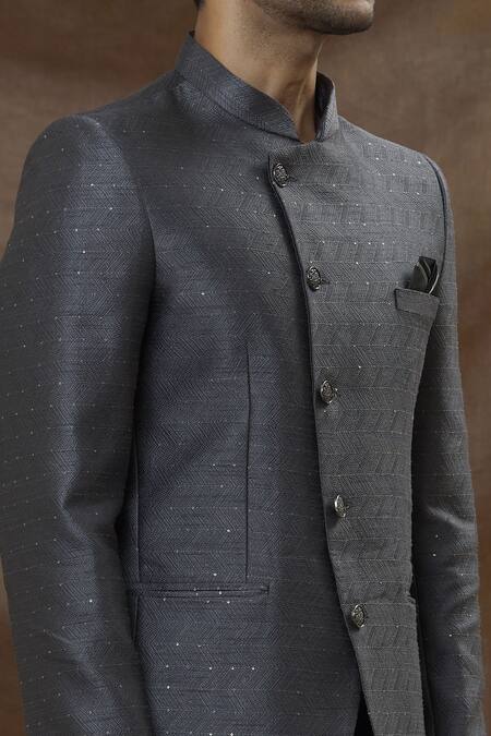 Shop_Arihant Rai Sinha_Grey Jacquard, Terrycloth Sequins Work Bandhgala Set_Online_at_Aza_Fashions