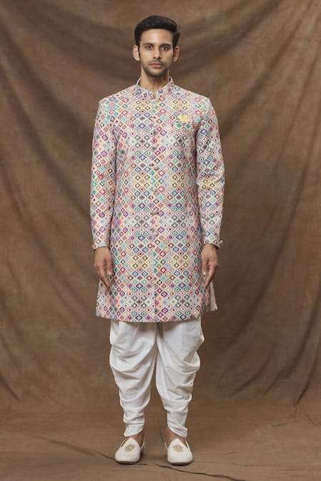 Buy_Arihant Rai Sinha_Multi Color Rayon, Silk Sequins Abstract Pattern Sherwani Set _Online_at_Aza_Fashions