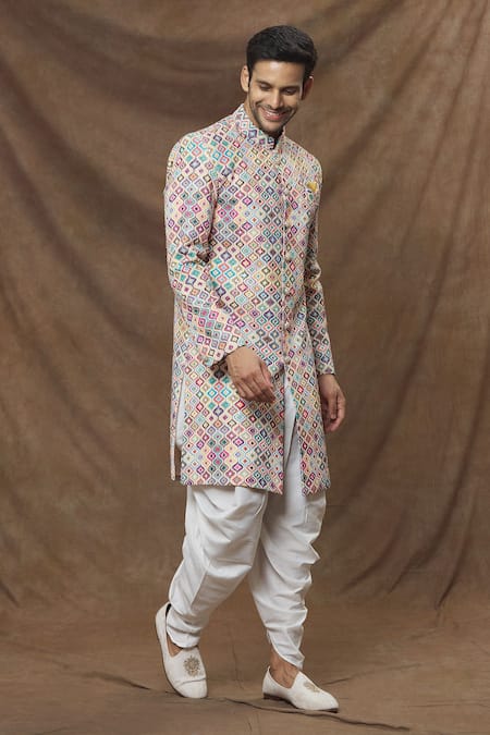 Shop_Arihant Rai Sinha_Multi Color Rayon, Silk Sequins Abstract Pattern Sherwani Set _Online_at_Aza_Fashions