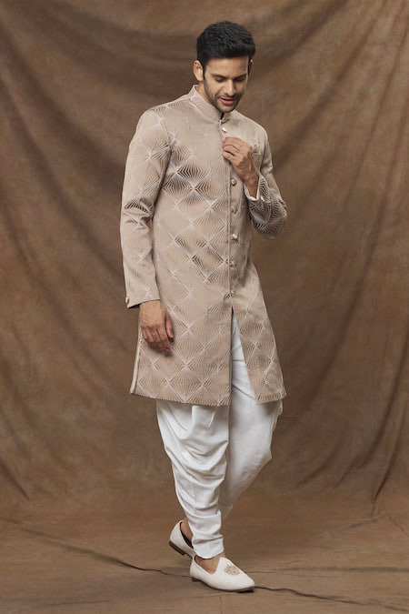 Buy_Arihant Rai Sinha_Brown Wool, Silk Geometric Woven Jacquard Sherwani Set _Online_at_Aza_Fashions