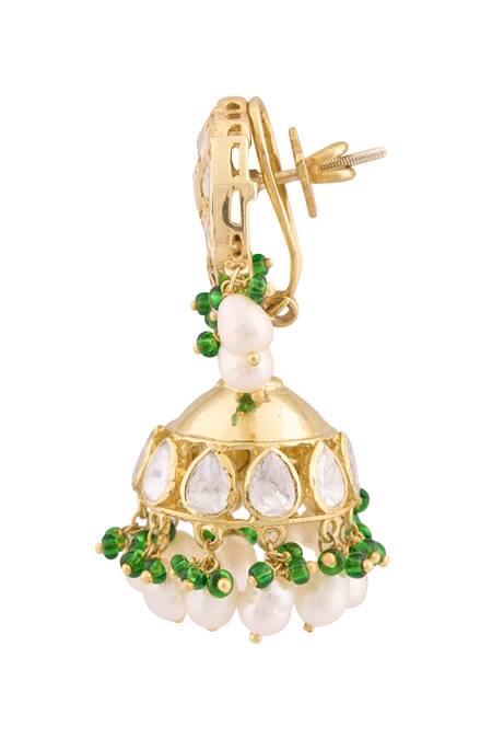 Ivorine Gold Plated Diamonds, Pearls Stone Embellished Jhumkas Online at Aza Fashions Ivorine_Gold Plated Diamonds, Pearls Stone Embellished Jhumkas _Online_at_Aza_Fashions
