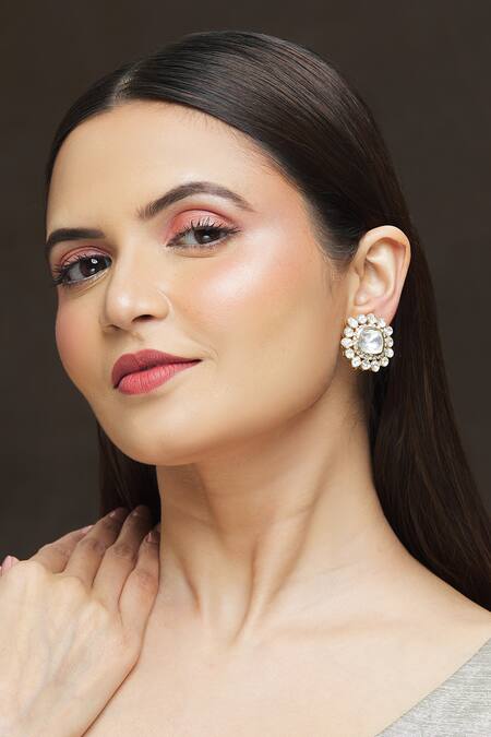 Shop Ivorine Gold Plated Embroidery Geometric Shaped Studs Online at Aza Fashions Shop_Ivorine_Gold Plated Embroidery Geometric Shaped Studs _Online_at_Aza_Fashions