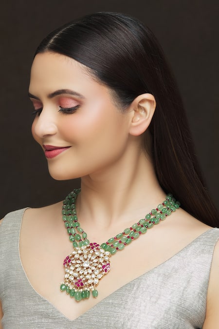 Buy_Ivorine_Gold Plated Ruby Embellished Pendant Layered Necklace _Online_at_Aza_Fashions