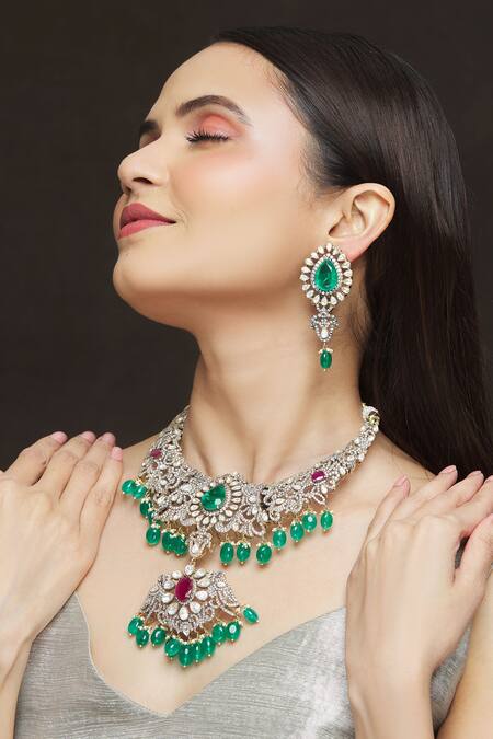 Ivorine_Gold Plated Embellished Polki Necklace Set _at_Aza_Fashions