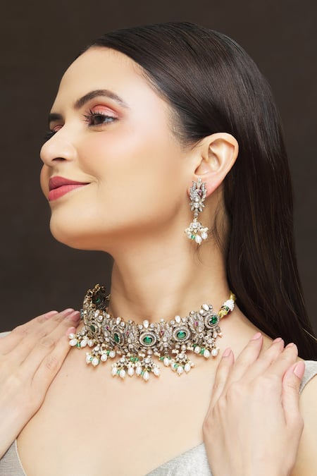 Ivorine_Gold Plated Embellished Stone Choker Set _Online_at_Aza_Fashions