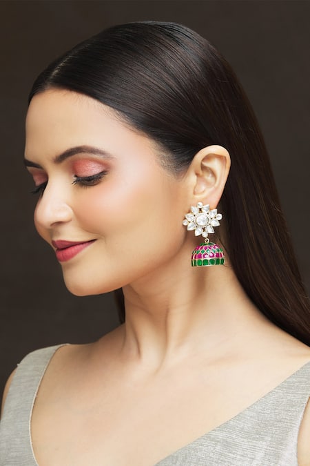 Ivorine_Gold Plated Stones Floral Shaped Jhumkas _Online_at_Aza_Fashions