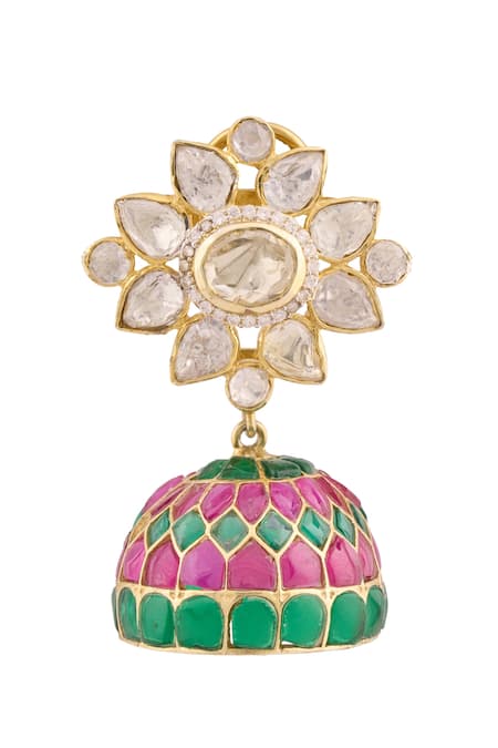 Ivorine_Gold Plated Stones Floral Shaped Jhumkas _at_Aza_Fashions