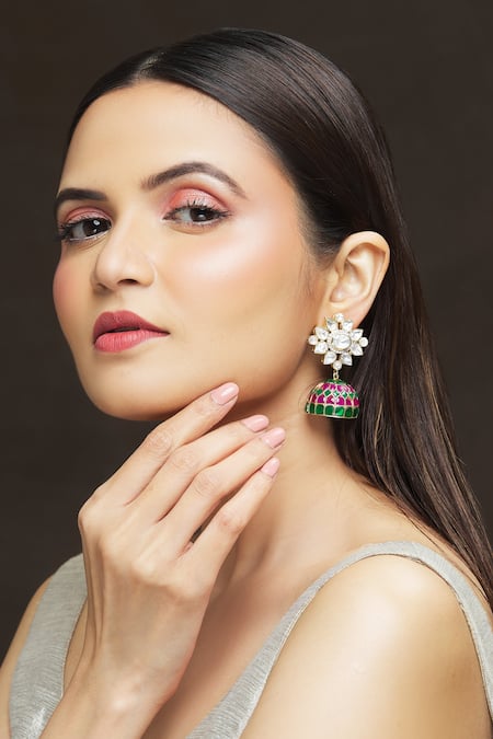 Buy_Ivorine_Gold Plated Stones Floral Shaped Jhumkas _Online_at_Aza_Fashions