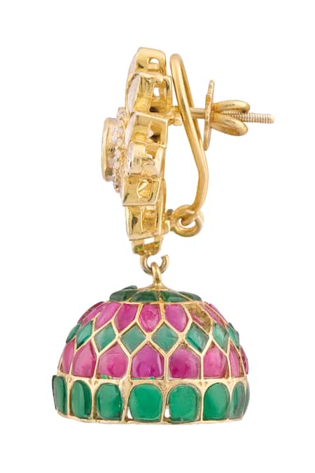 Shop_Ivorine_Gold Plated Stones Floral Shaped Jhumkas _Online_at_Aza_Fashions