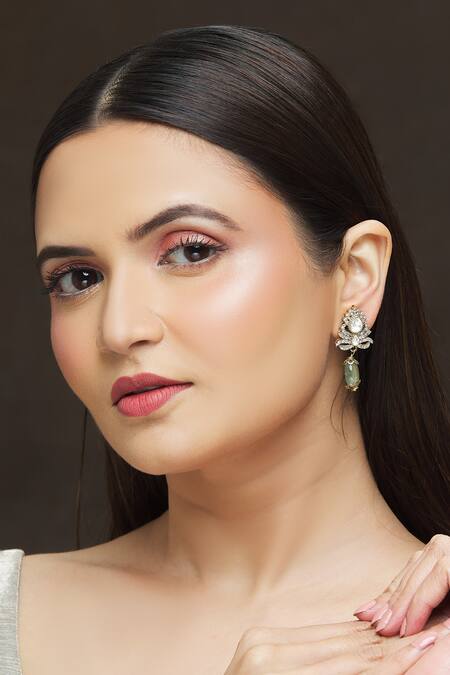 Ivorine_Gold Plated Embroidery Polki Embellished Earrings _Online_at_Aza_Fashions