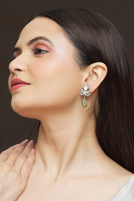 Shop_Ivorine_Gold Plated Embroidery Polki Embellished Earrings _Online_at_Aza_Fashions