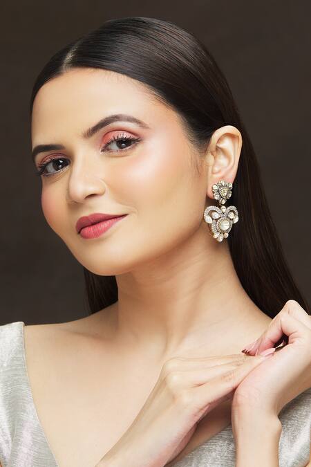 Buy_Ivorine_Gold Plated Diamonds, Crystals Tulip Cutwork Embellished Earrings _Online_at_Aza_Fashions