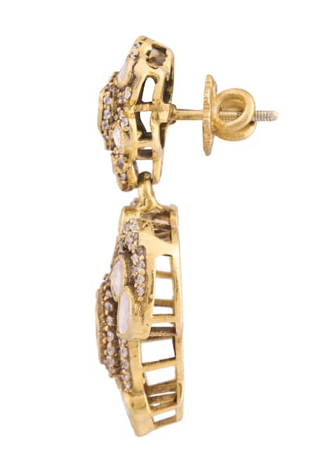 Shop_Ivorine_Gold Plated Diamonds, Crystals Tulip Cutwork Embellished Earrings _Online_at_Aza_Fashions