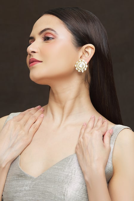 Shop_Ivorine_Gold Plated Crystals, Diamonds Geometric Embellished Studs _Online_at_Aza_Fashions