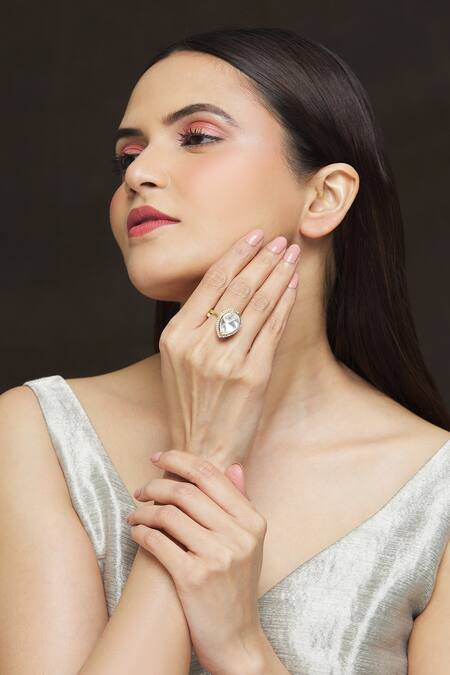 Buy_Ivorine_Gold Plated Diamonds Pearl Shaped Ring _Online_at_Aza_Fashions