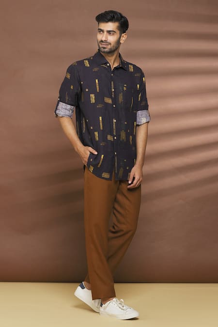 Shop_Linen Bloom_Multi Color 100% Linen Striped Strokes Print Metallic Shirt _Online_at_Aza_Fashions