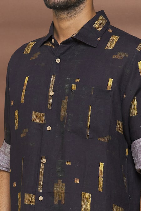 Linen Bloom_Multi Color 100% Linen Striped Strokes Print Metallic Shirt _at_Aza_Fashions