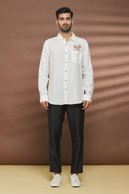 Linen Bloom White 100% Linen Thread Work Dog Motif Embroidered Shirt Online at Aza Fashions Linen Bloom_White 100% Linen Thread Work Dog Motif Embroidered Shirt _Online_at_Aza_Fashions