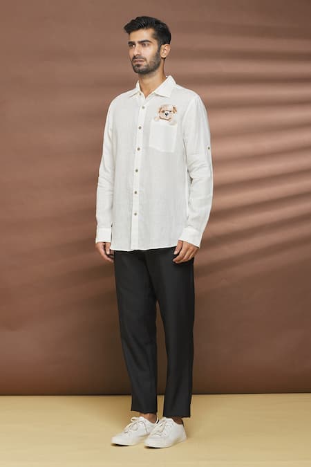 Buy Linen Bloom White 100% Linen Thread Work Dog Motif Embroidered Shirt Online at Aza Fashions Buy_Linen Bloom_White 100% Linen Thread Work Dog Motif Embroidered Shirt _Online_at_Aza_Fashions