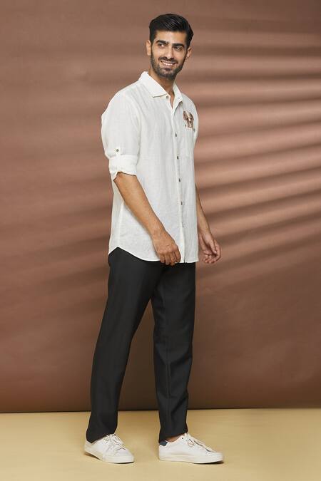 Shop Linen Bloom White 100% Linen Thread Work Dog Motif Embroidered Shirt Online at Aza Fashions Shop_Linen Bloom_White 100% Linen Thread Work Dog Motif Embroidered Shirt _Online_at_Aza_Fashions