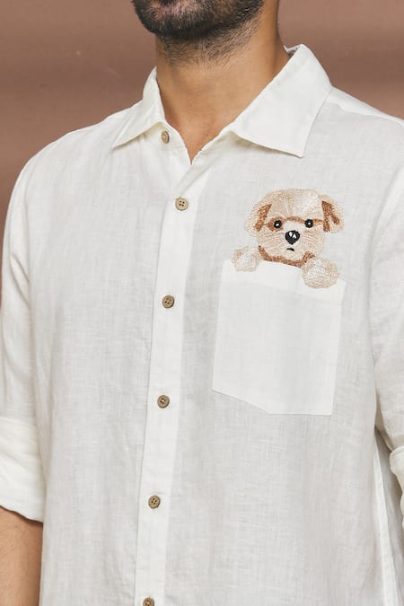 Linen Bloom White 100% Linen Thread Work Dog Motif Embroidered Shirt at Aza Fashions Linen Bloom_White 100% Linen Thread Work Dog Motif Embroidered Shirt _at_Aza_Fashions