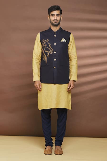 Linen Bloom_Blue 100% Linen Thread Work Horse Motif Embroidered Bundi _Online_at_Aza_Fashions