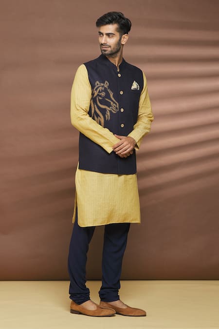 Shop_Linen Bloom_Blue 100% Linen Thread Work Horse Motif Embroidered Bundi _Online_at_Aza_Fashions