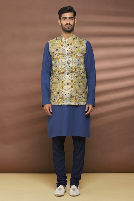 Linen Bloom_Multi Color 100% Linen Diamond Print Bundi _Online_at_Aza_Fashions