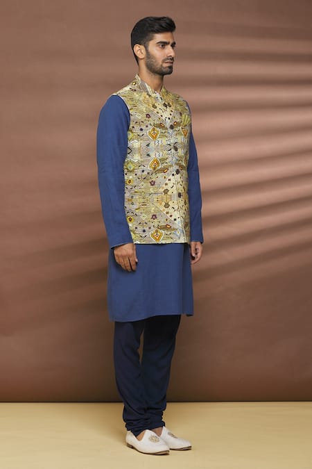Buy_Linen Bloom_Multi Color 100% Linen Diamond Print Bundi _Online_at_Aza_Fashions