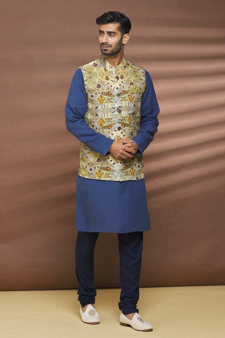 Shop_Linen Bloom_Multi Color 100% Linen Diamond Print Bundi _Online_at_Aza_Fashions