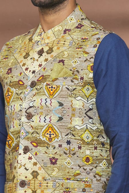 Linen Bloom_Multi Color 100% Linen Diamond Print Bundi _at_Aza_Fashions