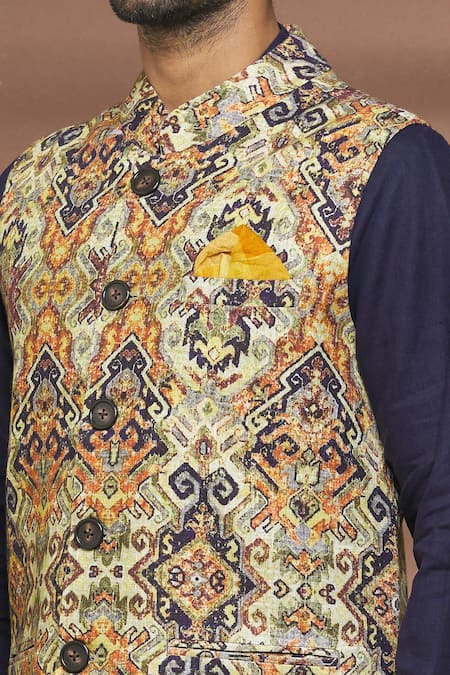 Linen Bloom_Multi Color 100% Linen New Aztec Print Bundi _at_Aza_Fashions