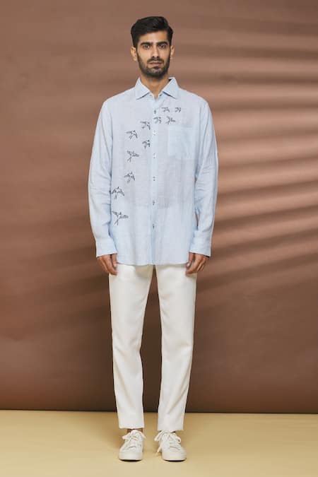 Linen Bloom_Blue 100% Linen Thread Work Bird Motif Embroidered Shirt _Online_at_Aza_Fashions